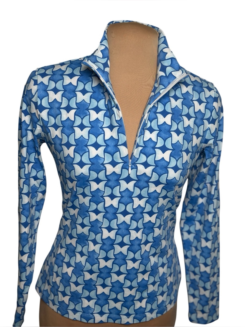 J.McLaughlin Blue Geometric Print Zip Neck Top Size XS Stretch Long Sleeve